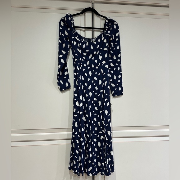 Reformation Sigmund Dress Splatter Blue White Dot Midi Slit (D8) - Picture 9 of 9